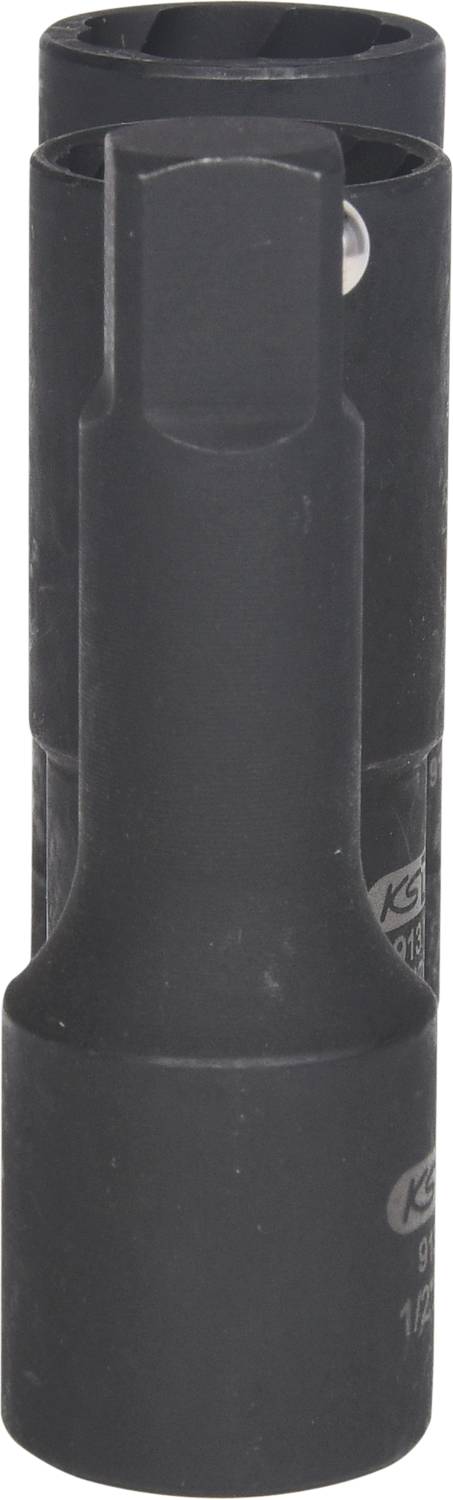 Długi, czerniony sworzeń z okrągłą podstawą i sześciokątnym zakończeniem, przeznaczony do użycia z kluczem nasadowym.