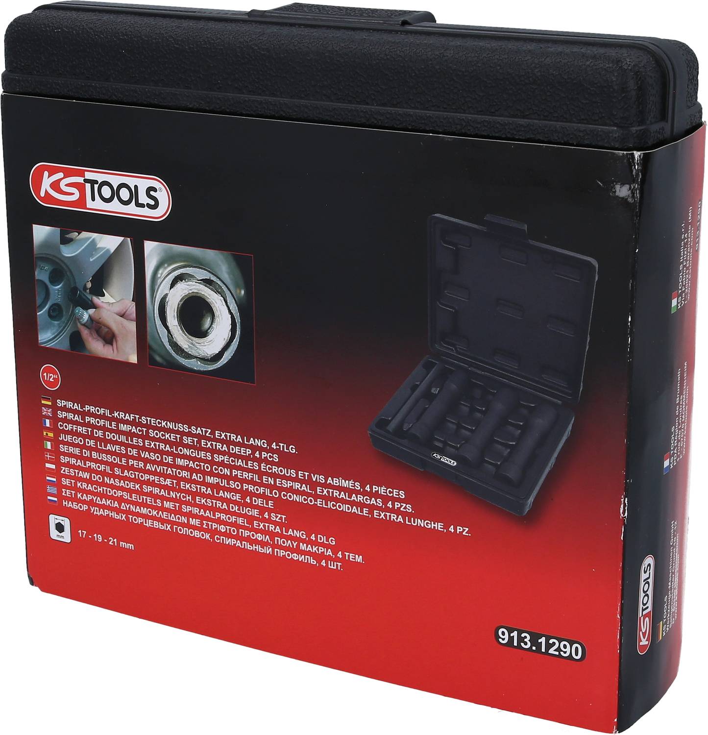 Czarny kufer z logo 'KS TOOLS', zawierający zestaw kluczy nasadowych do naprawy felg i opon, numer artykułu 913.1290.