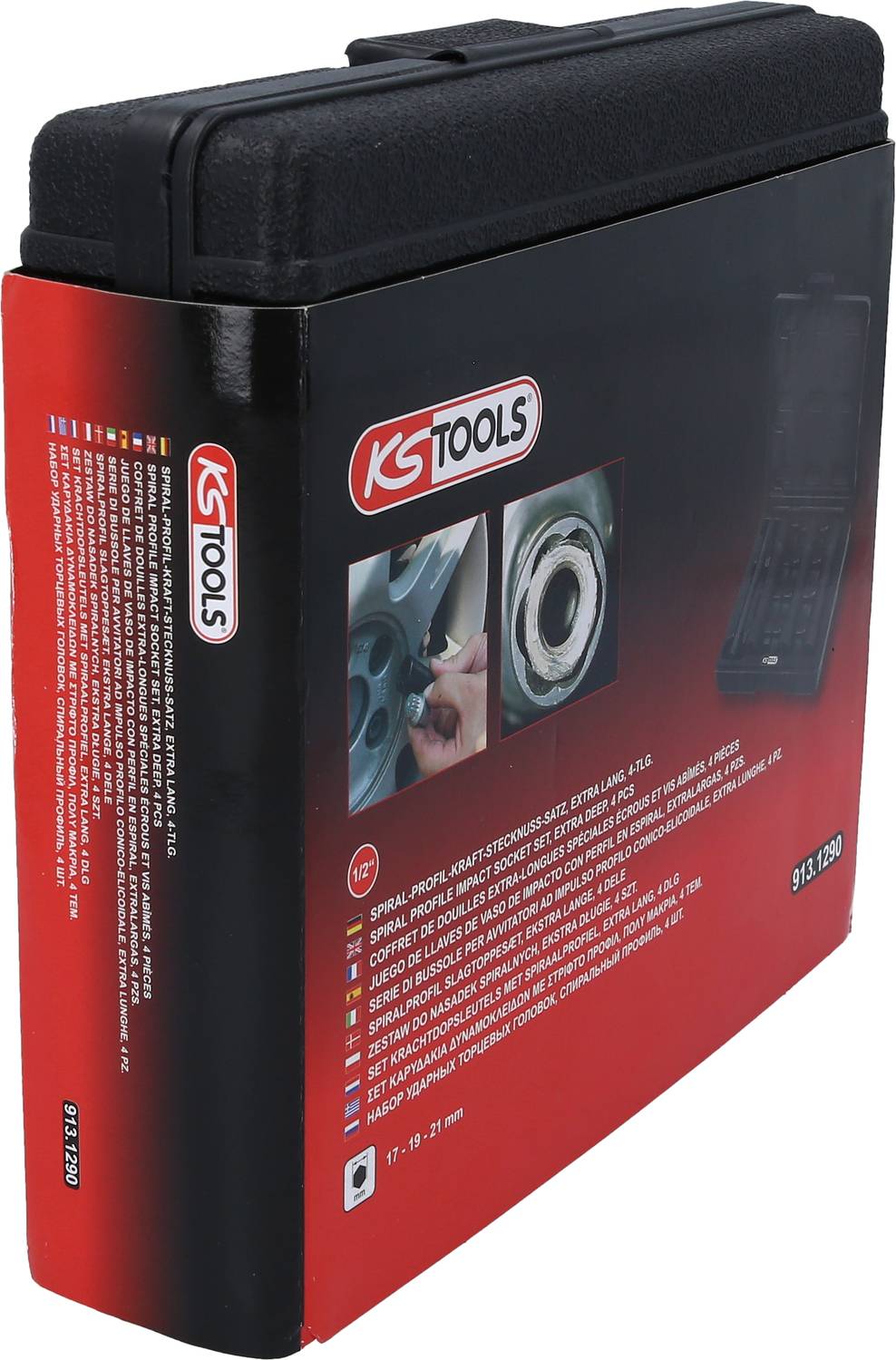 Czarny zestaw narzędziowy z czerwoną etykietą firmy KS Tools. Zawiera wiertła spiralne i akcesoria. Obrazy przedstawiają szczegóły końcówek.