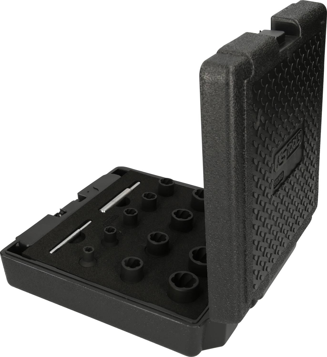 Czarny zestaw narzędziowy z różnymi nasadkami w otwartej plastikowej walizce.