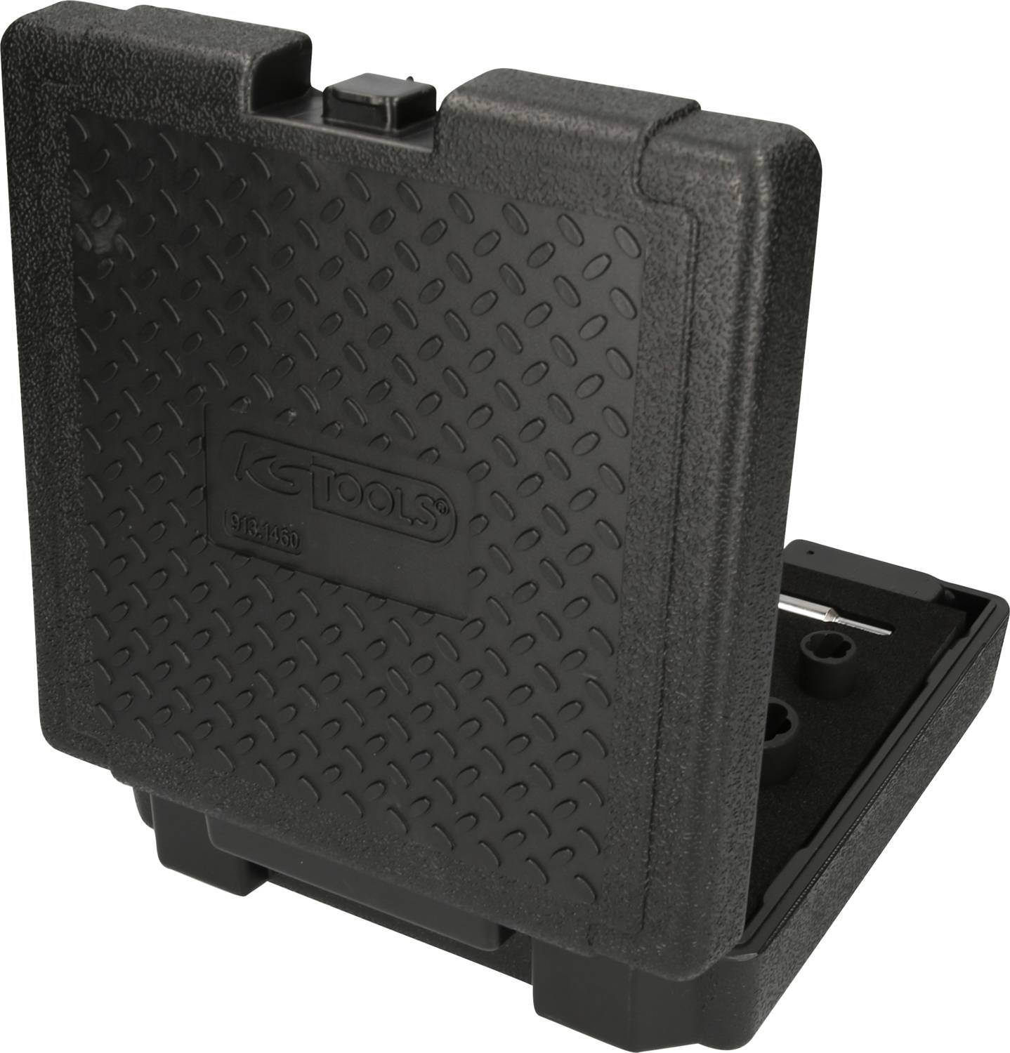 Pusty i otwarty zestaw narzędziowy 'KS Tools' wykonany z czarnego tworzywa sztucznego, z teksturowanym wzorem powierzchni.