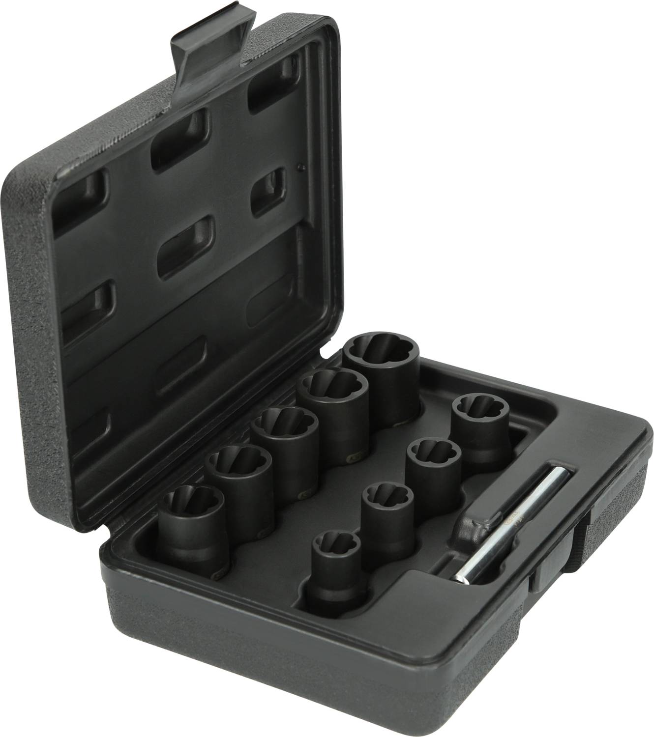 Czarne etui z otwartą pokrywą zawiera zestaw ośmiu nasadek i przedłużkę.