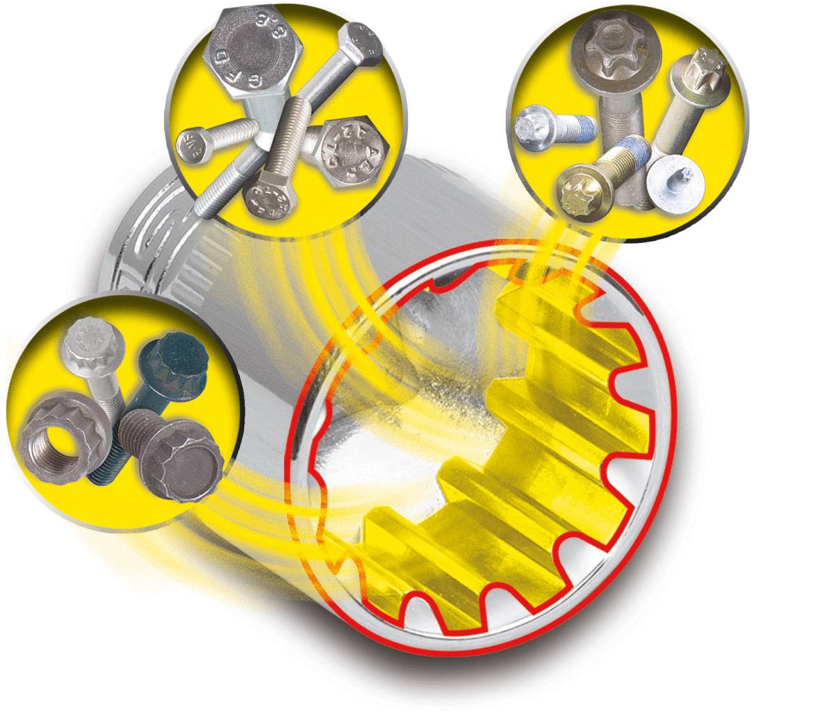 Obraz przedstawia klucz nastawny (lub klucz hydrauliczny) chwytający trzy różne typy śrub: sześciokątną, okrągłą i z gniazdem sześciokątnym. Jaskrawe żółte oznaczenia podkreślają jego funkcjonalność.