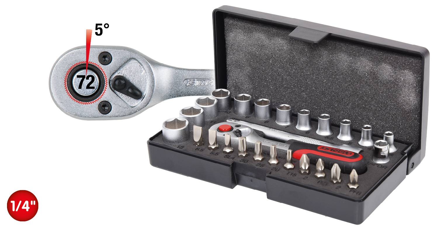 Zestaw z grzechotką, nakrętkami i końcówkami w czarnym etui. Grzechotka wskazuje '72' pod kątem nachylenia 5 stopni.