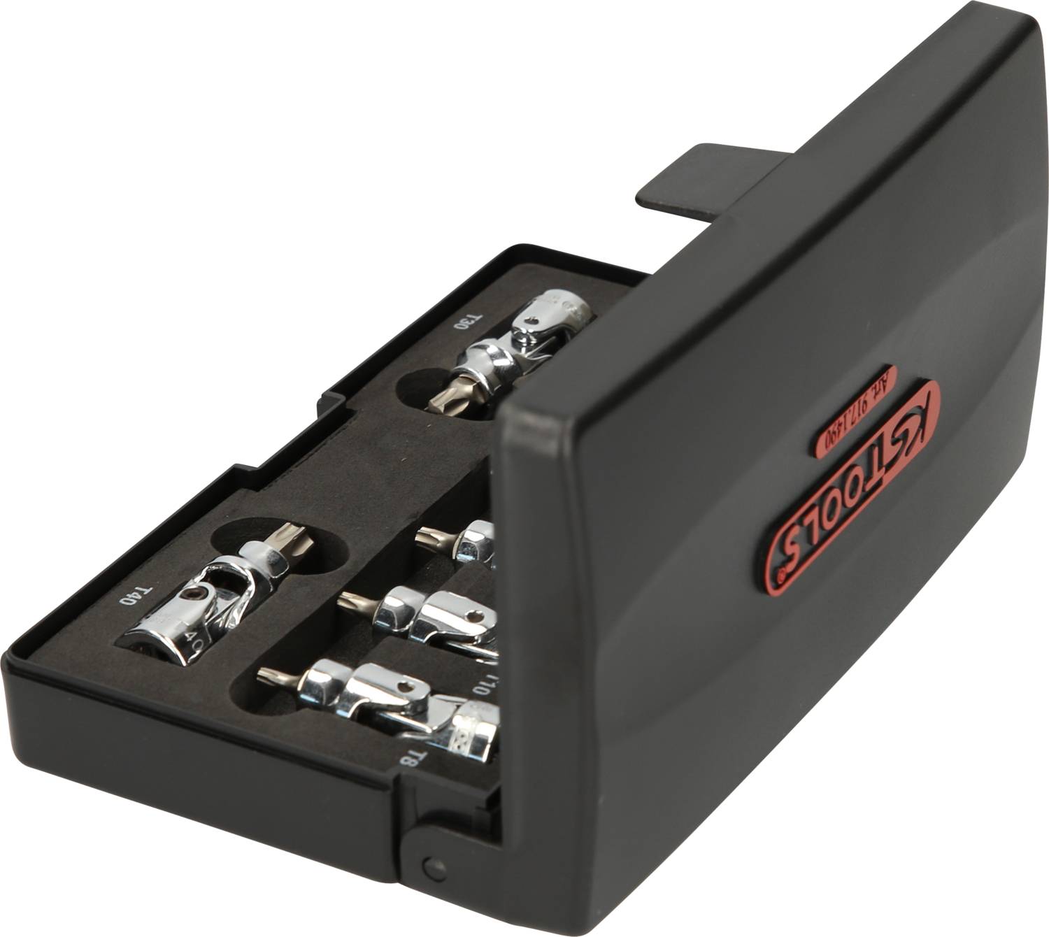 Czarne etui z tworzywa sztucznego z napisem 'KS TOOLS'. Zawiera kilka srebrnych nasadek w różnych rozmiarach.