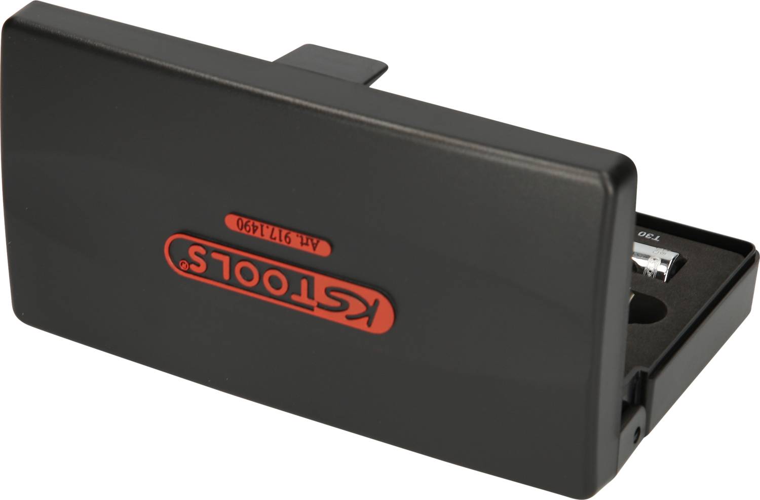 Czarne etui z czerwonym logo 'K Tools' na pokrywie, lekko otwarte, prezentujące narzędzia do pisania i mały wycinek we wnętrzu.