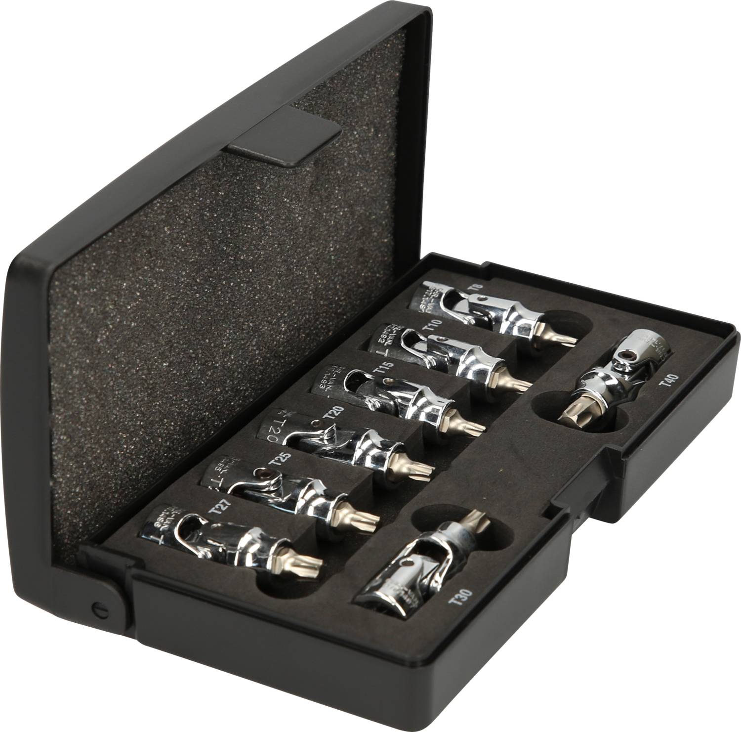 Otwarty czarny kufer narzędziowy z dziesięcioma błyszczącymi nasadkami w różnych rozmiarach, ułożonymi w schludnym porządku.