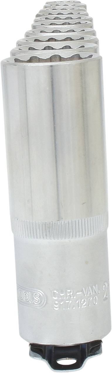 Zestaw nakrętek wzajemnie się zazębiających, ustawionych w rzędzie, z widocznym gwintem i karbowaną krawędzią.