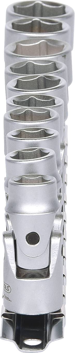 Zestaw ośmiu nakładających się na siebie kluczy nasadowych, ułożonych od najmniejszego do największego, wykonanych z srebrnego metalu.