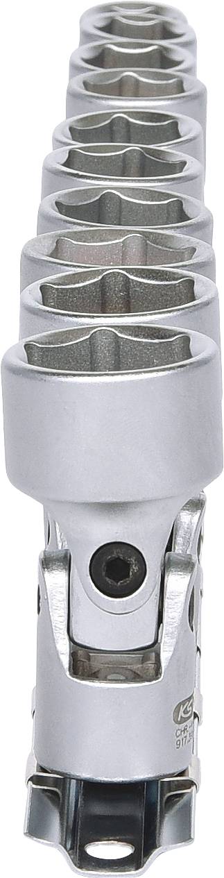 Rząd srebrnych nasadek do klucza nasuwkowego jest ułożony, a widok z przodu przedstawia uniwersalny adapter przegubowy.