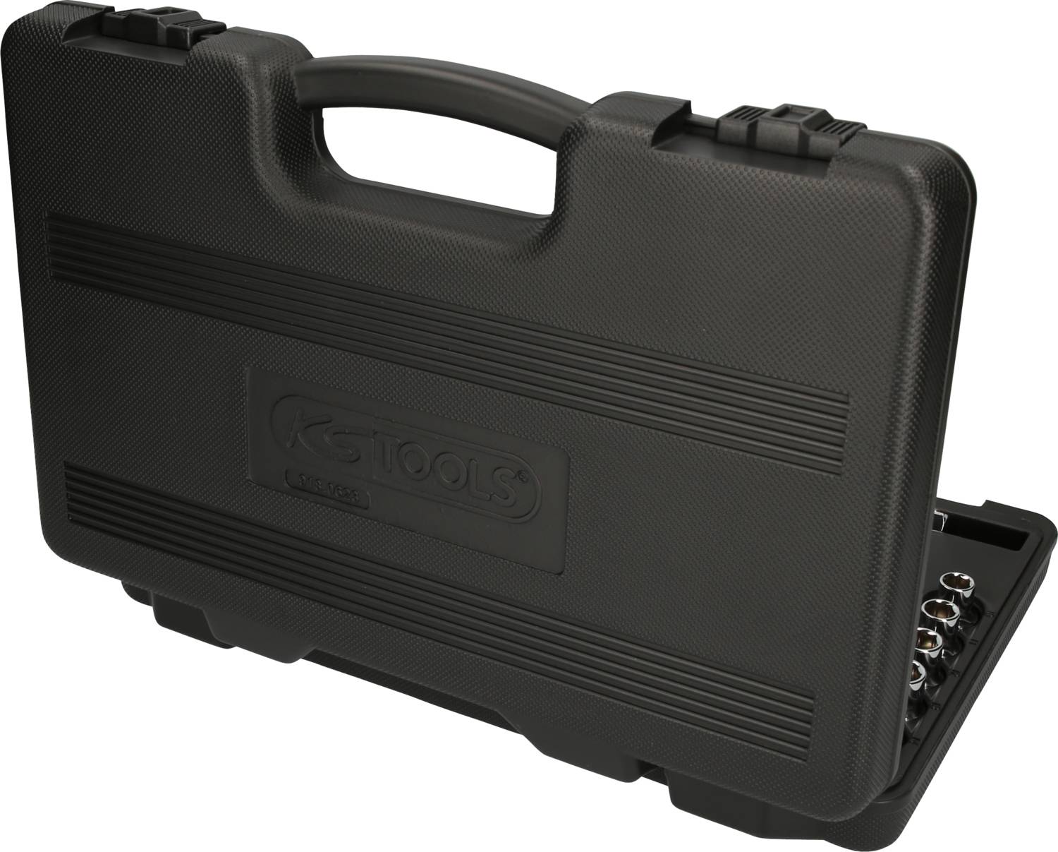 'Szary plastikowy kufer na narzędzia z wytrzymałym uchwytem, logo KZ TOOLS z boku, lekko otwarty z widocznymi nasadkami wewnątrz.'