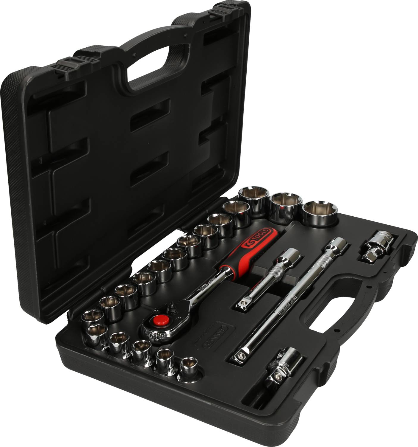 Otwarty zestaw narzędziowy z grzechotką, nasadkami i przedłużkami, starannie ułożony w czarnej plastikowej walizce.