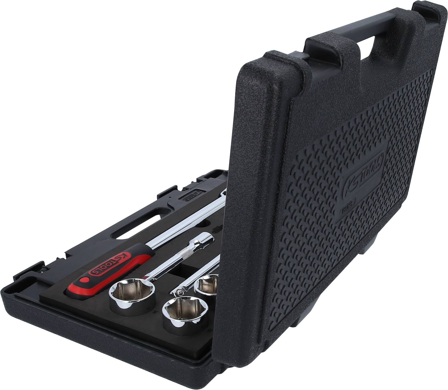 Otwarty czarny kufer z narzędziami prezentuje zestaw grzechotek z różnymi nasadkami i przedłużkami.