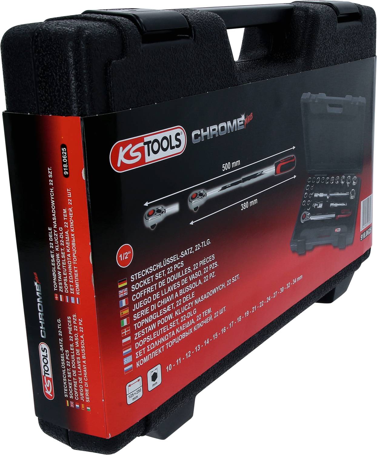 Zestaw narzędzi KS Tools 'Chrome+', zawierający zestaw kluczy nasadowych 21-częściowy, przedstawiony z wymiarami 500 mm i 380 mm.
