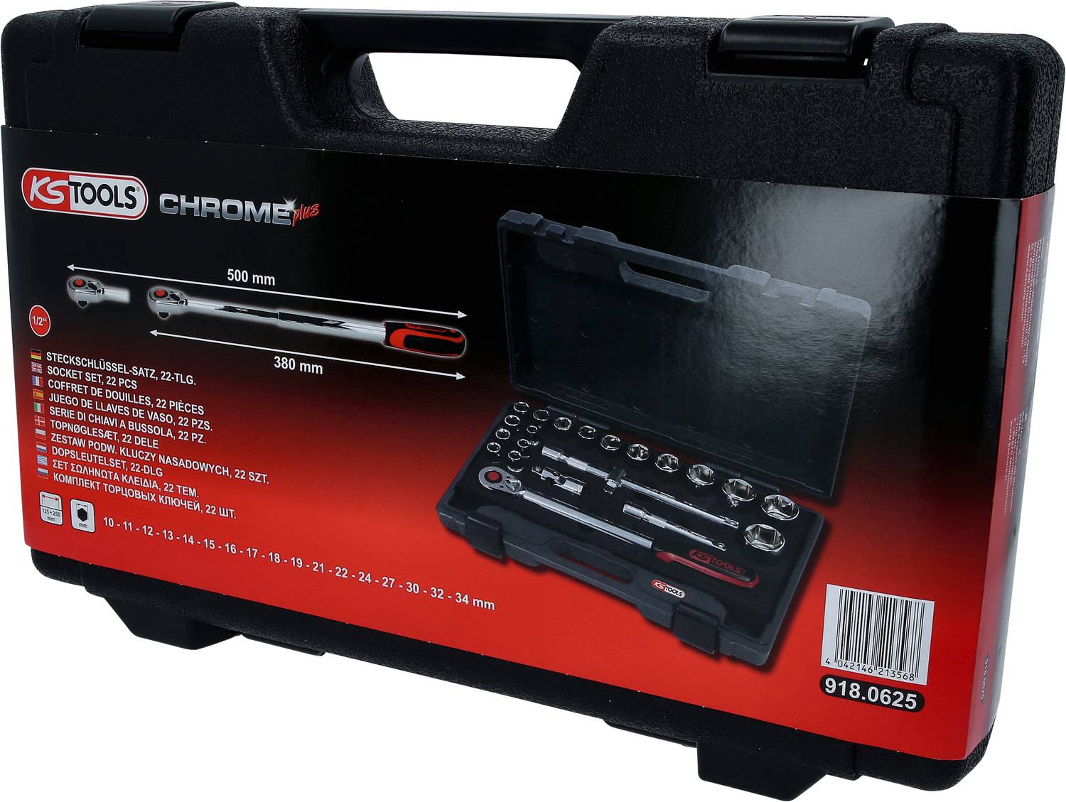 Zestaw kluczy nasadowych w walizce z tworzywa sztucznego z różnymi wkładkami i grzechotką. Zawiera szczegółowe informacje o produkcie na opakowaniu.