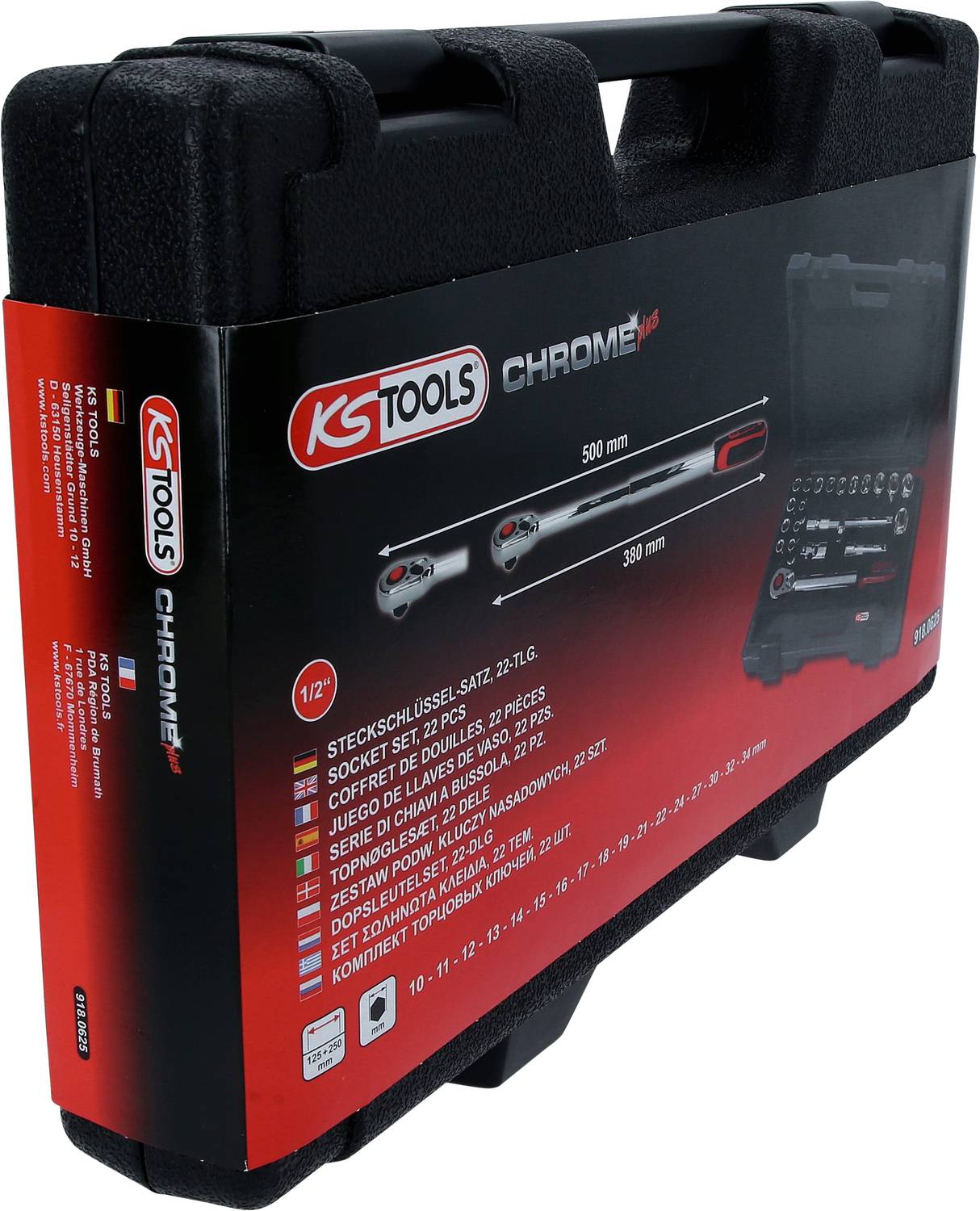 Czarny walizka na narzędzia z czerwonym logo KS Tools, zawierająca 23-elementowy zestaw kluczy nasadowych, przedstawiona ze szczegółami narzędzi.