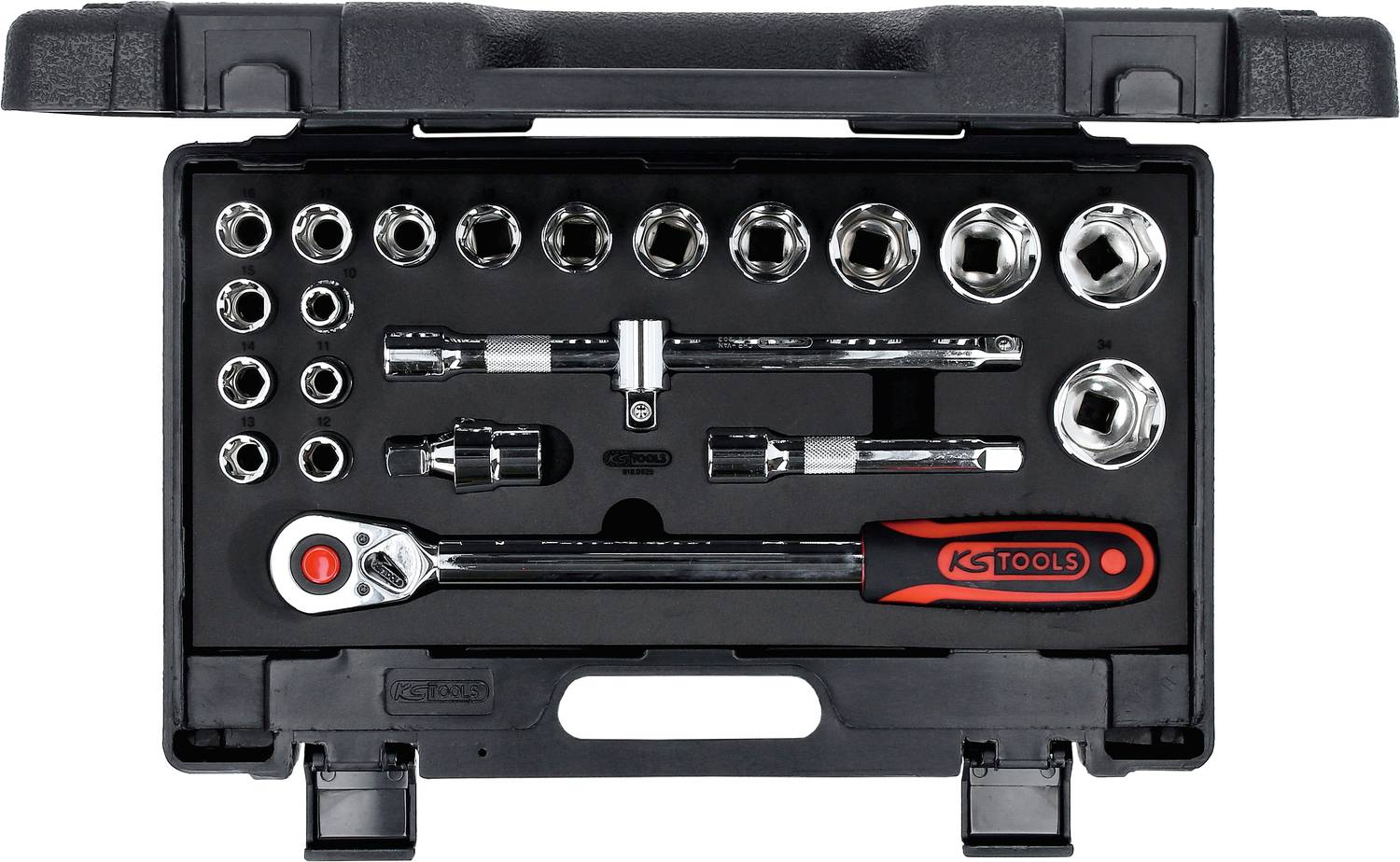 Zestaw kluczy nasadowych w czarnej walizce z tworzywa sztucznego, zawierający różne rozmiary nakrętek, przedłużki i klucz z grzechotką.