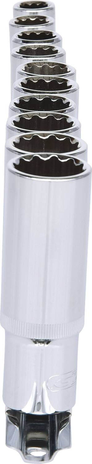 'Siedem chromowanych nakrętek z wieloma zębami w malejącym rozmiarze, symetrycznie ułożonych, odbija światło i ukazuje delikatnie żłobkowane krawędzie.'