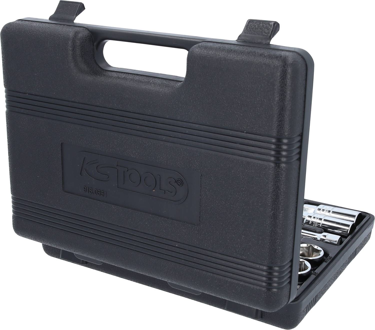 Czarny plastikowy kufer z logo 'KS TOOLS'. Kufer jest częściowo otwarty i ukazuje elementy zestawu narzędzi.