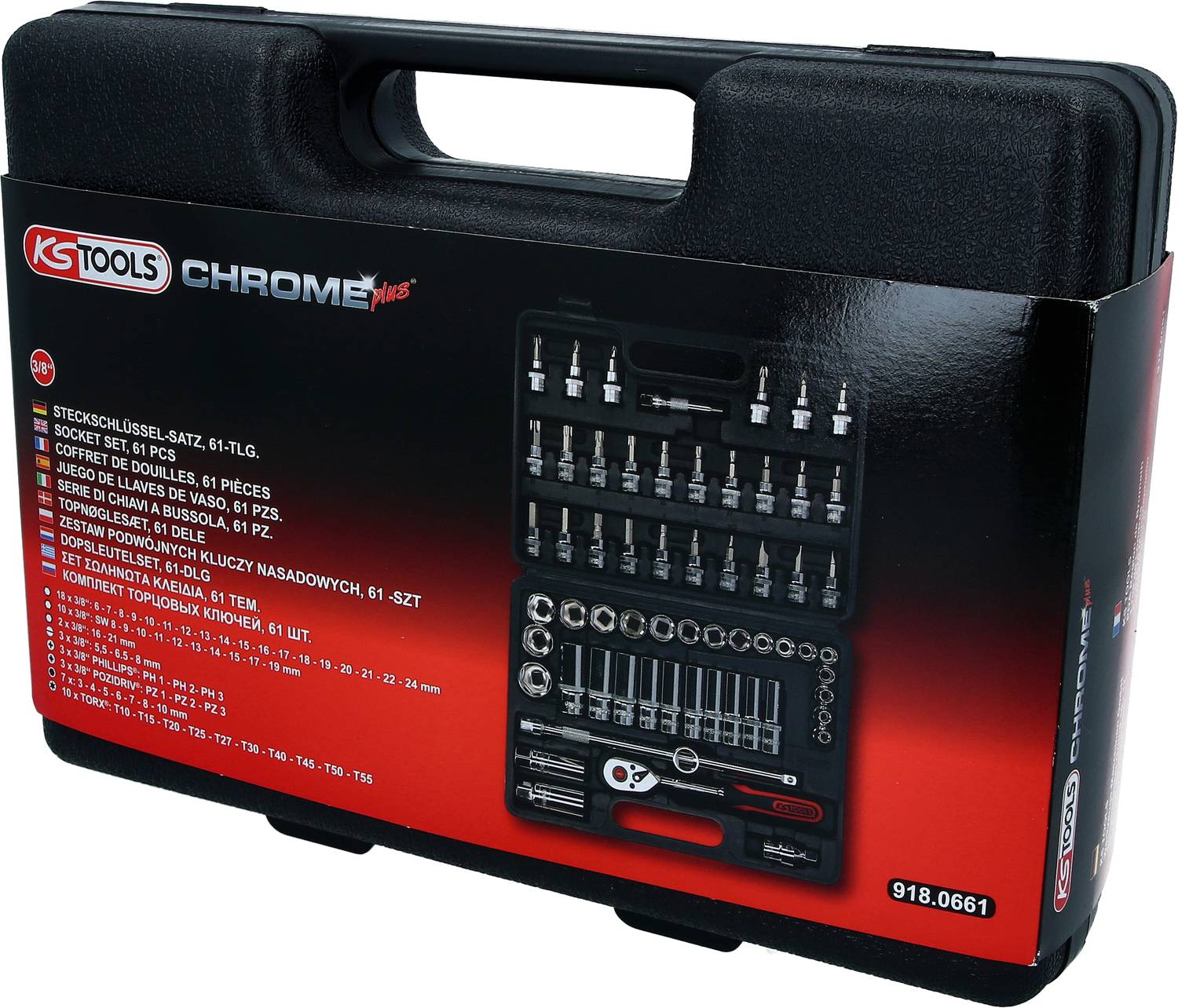 Czarny kufer z logo KS Tools, zawierający 61-elementowy zestaw kluczy nasadowych. Ilustracja narzędzi na opakowaniu.