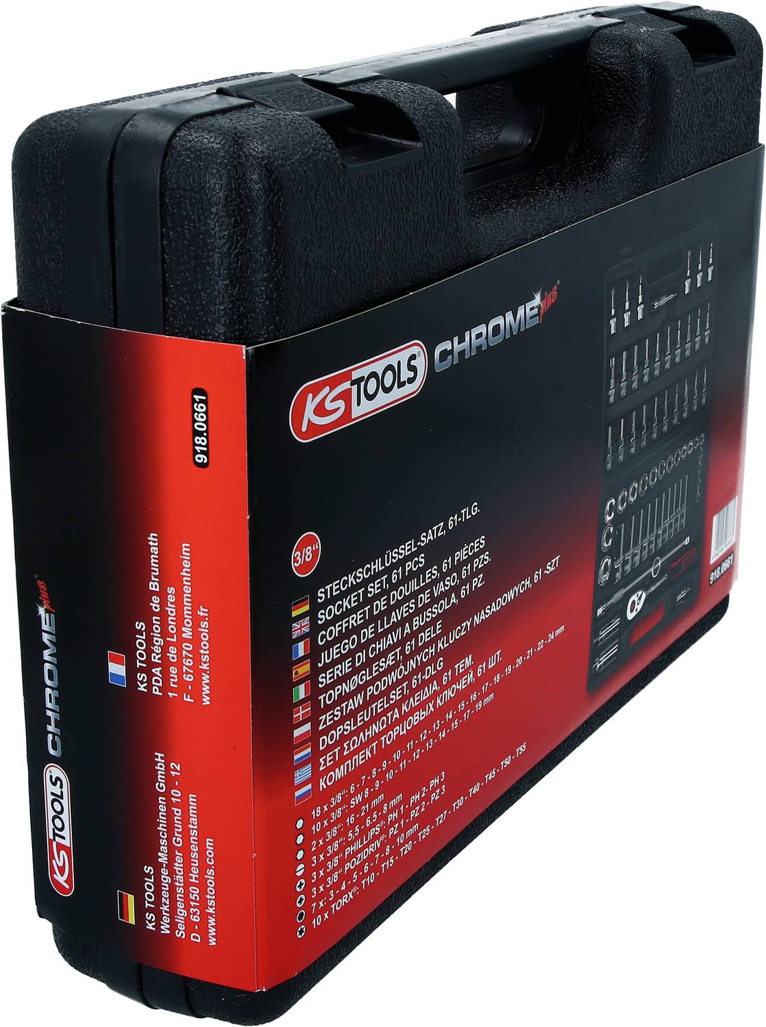 Czarny zestaw narzędziowy firmy KS Tools z czerwonym pasem; zawiera 96-elementowy zestaw kluczy nasadowych i nadaje się do różnorodnych napraw.