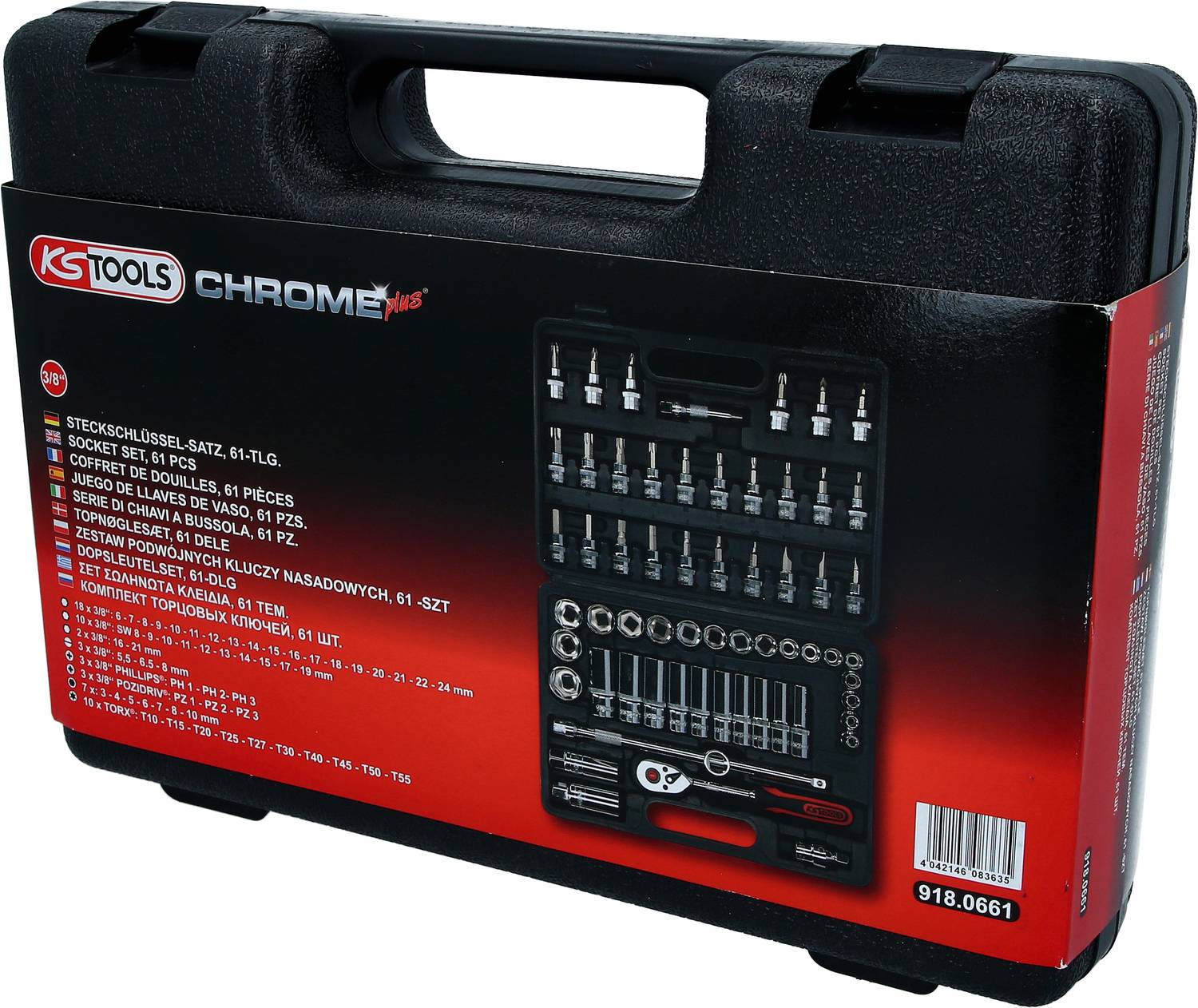 Zestaw kluczy nasadowych w czarnej walizce z plastiku z czerwonym gradientem. Zawiera różne nasadki i grzechotki do wielozadaniowych zastosowań.