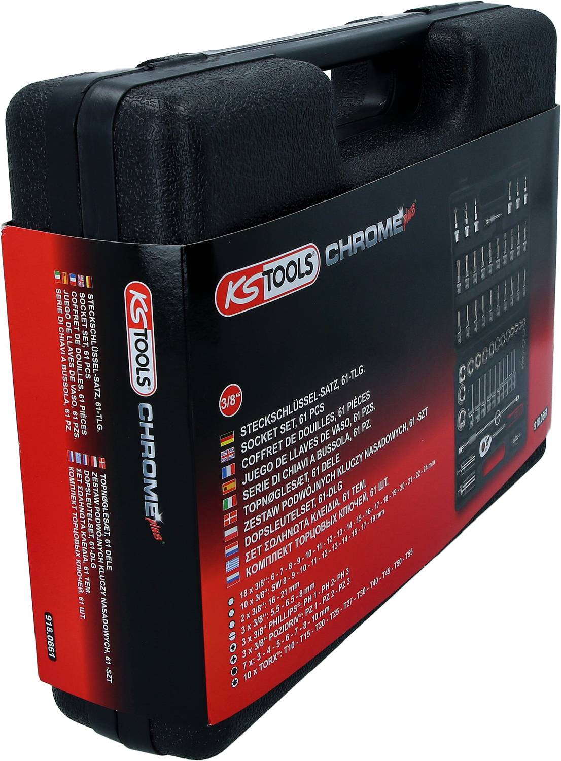 Czarny kufer narzędziowy firmy KS Tools. Naklejka przedstawia 61-częściowy zestaw kluczy nasadowych Chrome, z ilustracjami narzędzi.