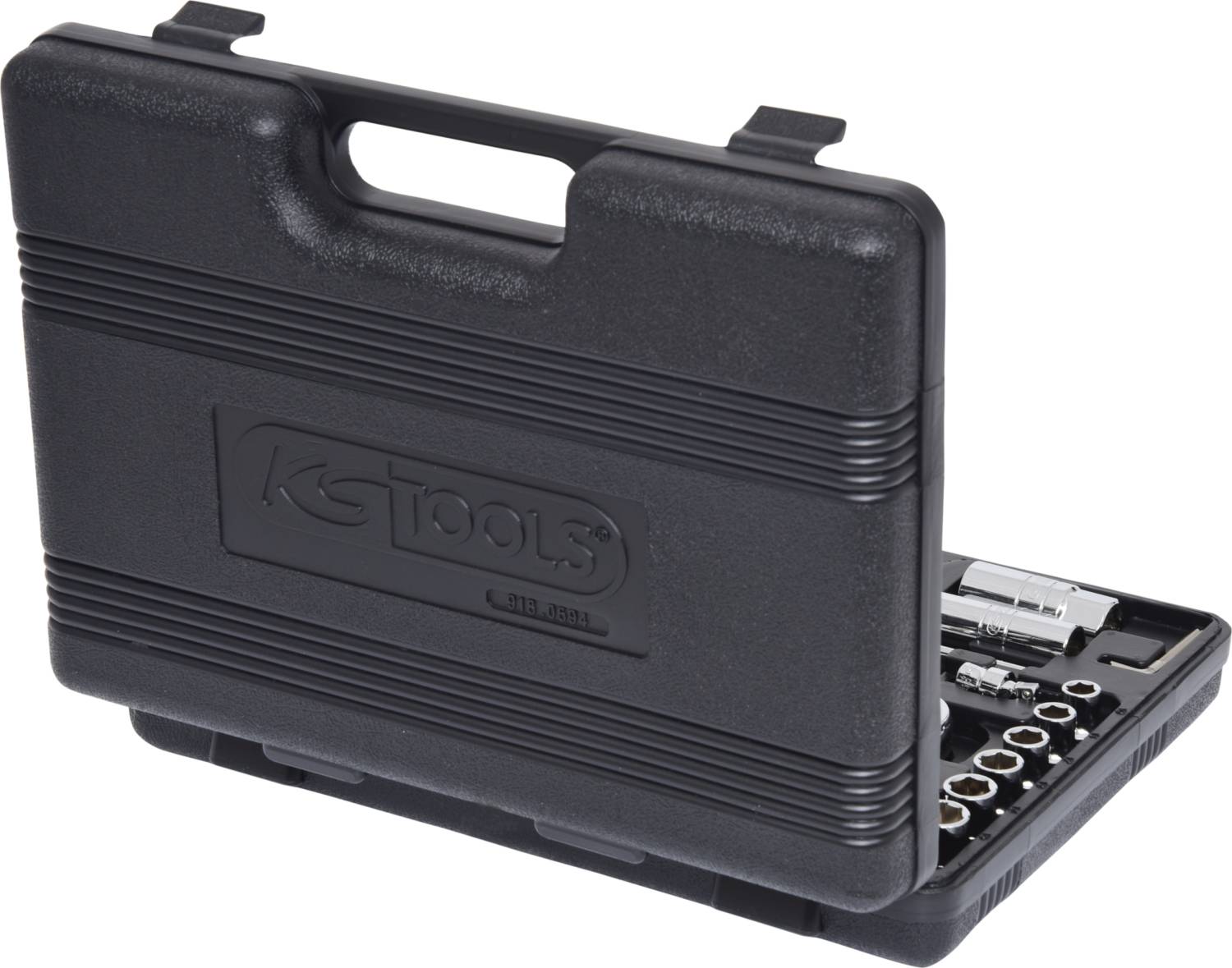 Czarny kufer na narzędzia z uchwytem. Po otwarciu widać różne klucze nasadowe i wkładki narzędziowe.