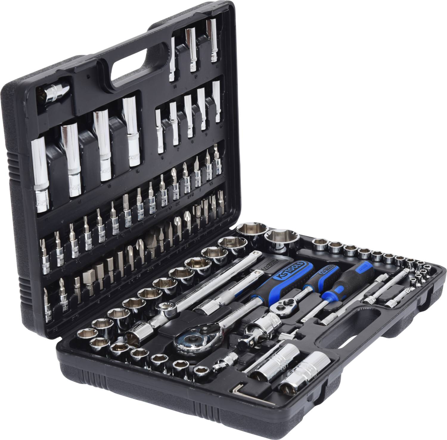 Zestaw narzędziowy z obszernym asortymentem kluczy, nasadek i bitów w pozycji otwartej.