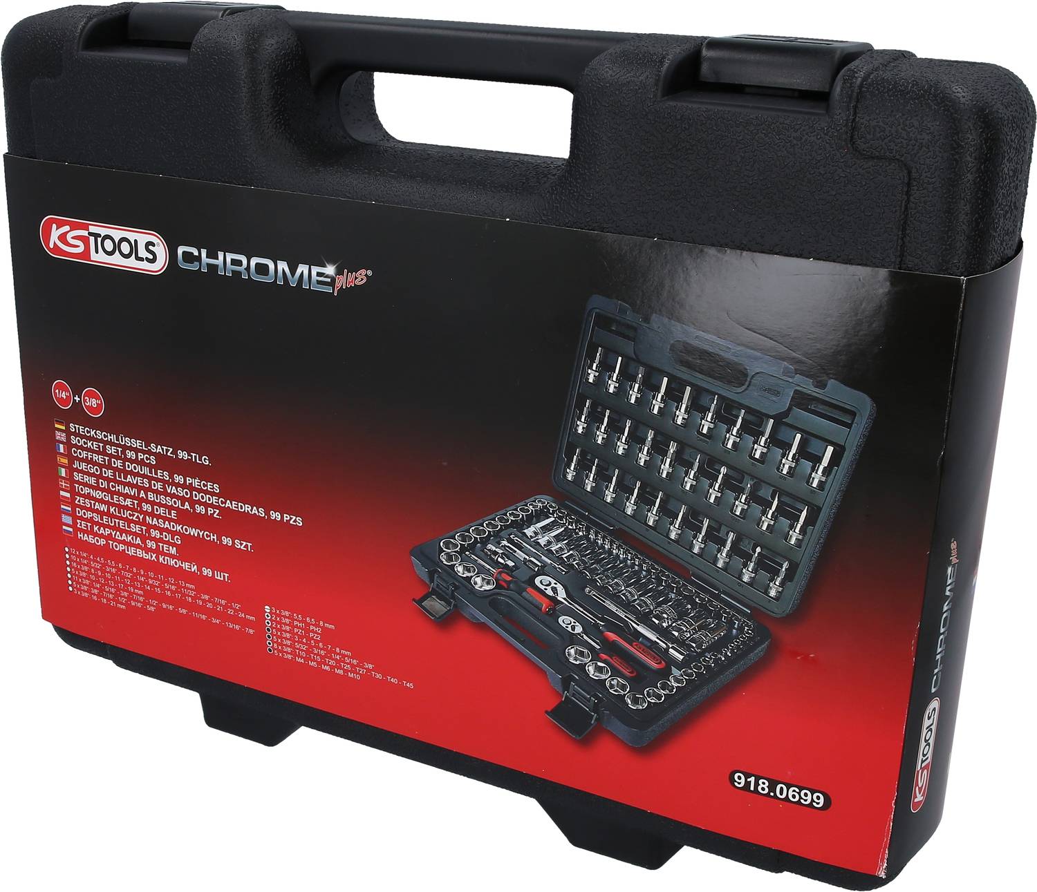 Czarny kufer narzędziowy z nadrukiem 'KS Tools Chrome Plus', ilustracja otwartego kufra z wyposażeniem składającym się z 96 narzędzi.