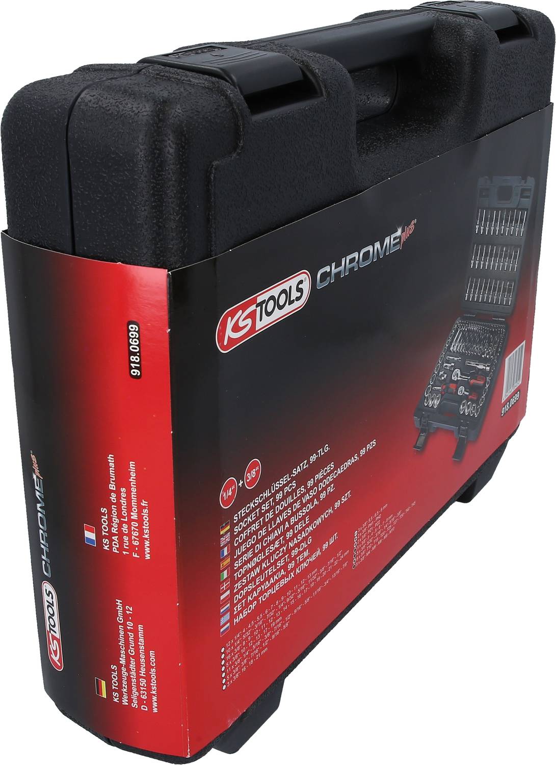 Czarny walizka narzędziowa z czerwoną etykietą marki KS Tools. Prezentuje widok wewnętrzny z narzędziami i informacjami o produkcie w kilku językach.
