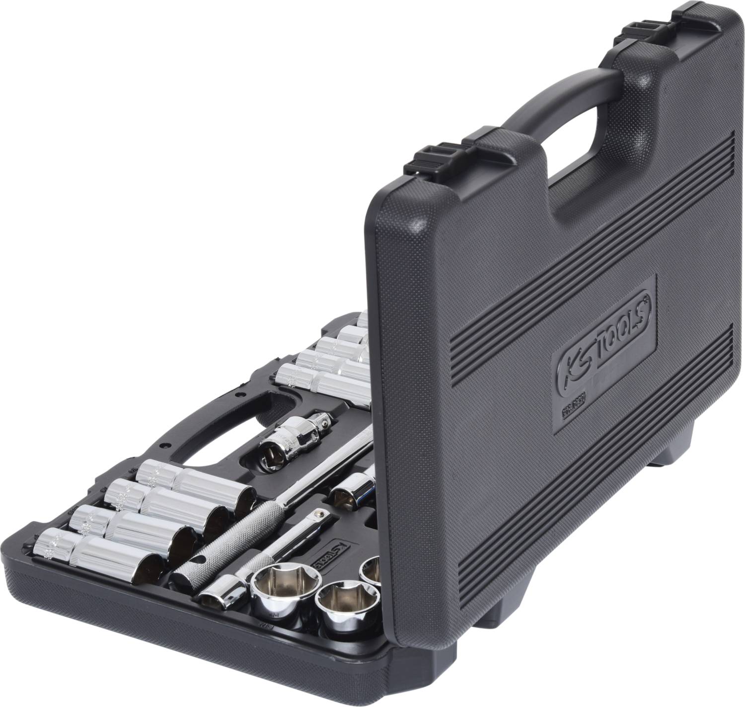 Czarny kufer narzędziowy z otwartą pokrywą, prezentujący różne klucze nasadowe i przedłużki, gotowe do użycia.