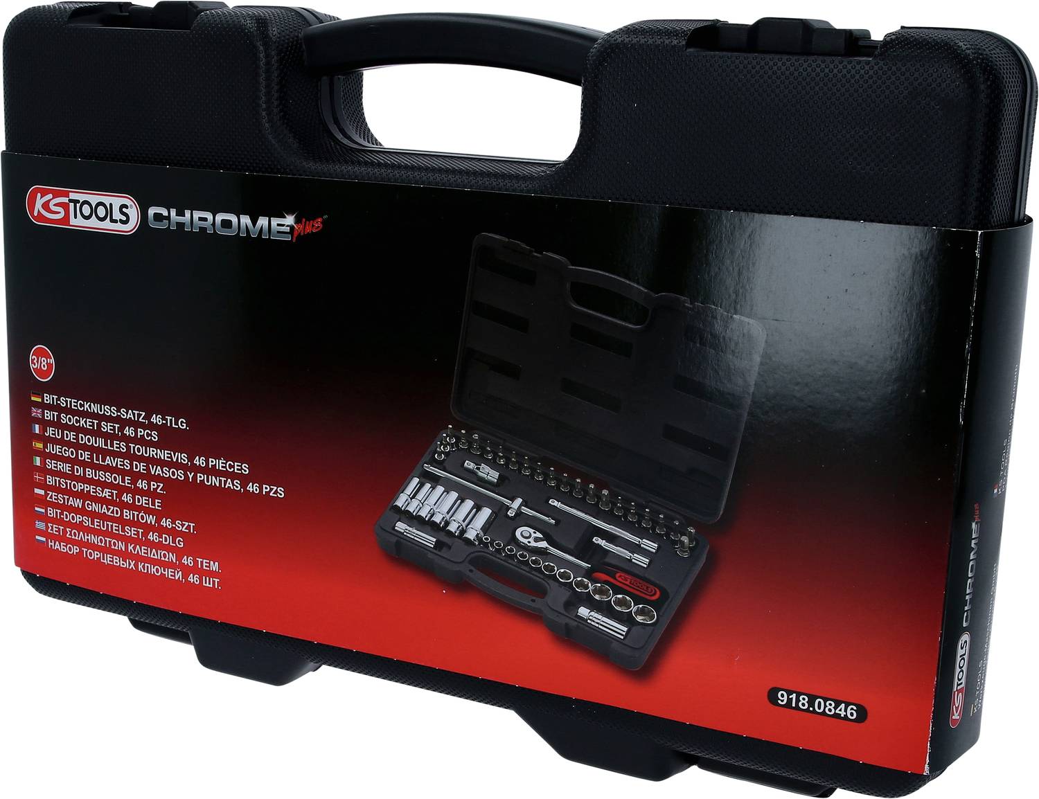 Walizka z tworzywa sztucznego od KS Tools z chromowanym logo. Nadrukowane zdjęcie i opis zestawu kluczy nasadowych w różnych językach.