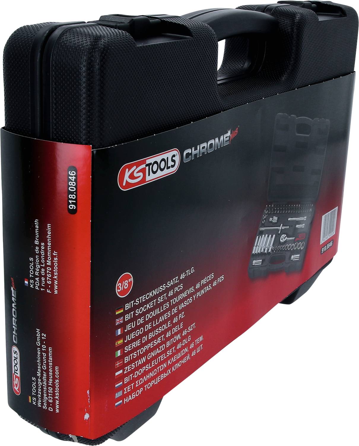 Czarny kufer narzędziowy firmy KS Tools z chromowanym napisem, przedstawiający na boku zdjęcie produktu i szczegóły techniczne.