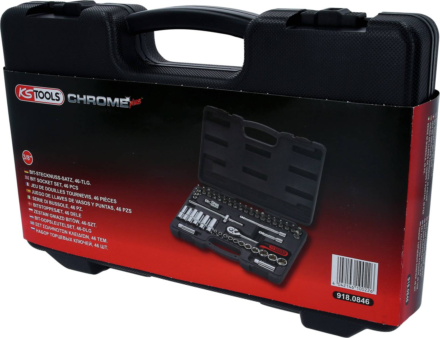 Skrzynka narzędziowa z uchwytem, z etykietą 'KS Tools Chrome' i znajdującym się w środku zestawem kluczy nasadowych. Główne kolory to czerwony i czarny.