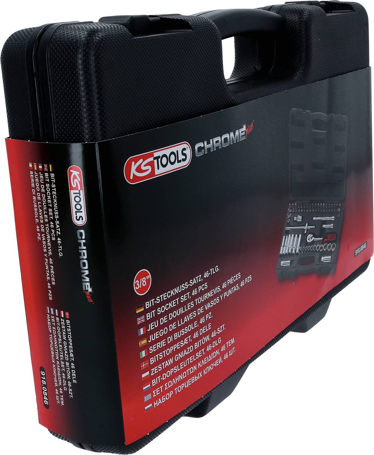 Czarny kufer narzędziowy marki KS Tools z czerwoną etykietą opisującą 46-częściowy zestaw bitów i nasadek w kilku językach.
