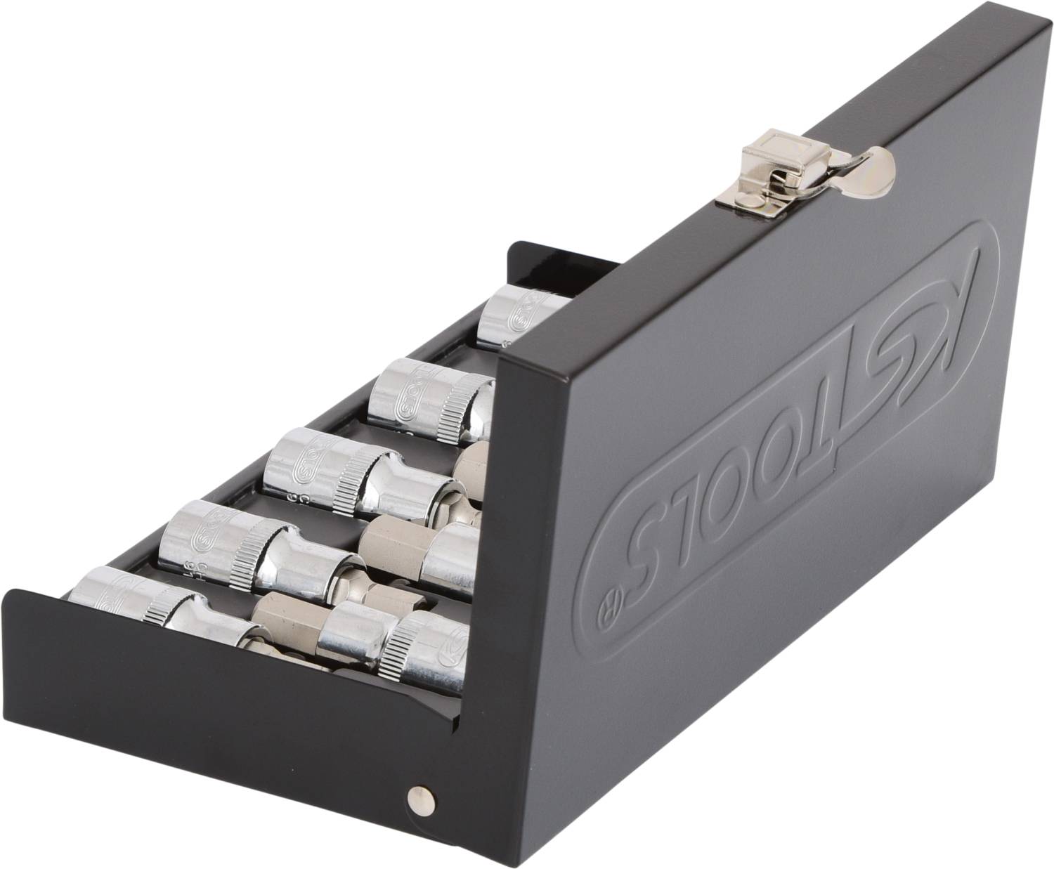 Metallbox zawiera dziewięć srebrnych złączy, rozmieszczonych w trzech rzędach. Otwarta konstrukcja wyraźnie prezentuje zawartość.