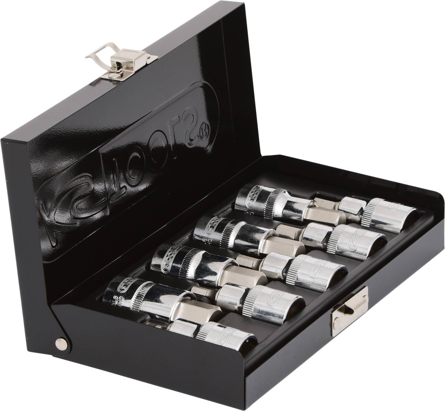 Otwarte czarne metalowe pudełko z dziewięcioma nasadkami o różnych rozmiarach, ułożonymi starannie obok siebie do prac mechanicznych.