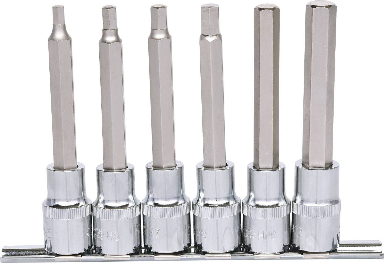 Sześcioczęściowy zestaw bitów nasadowych o różnych rozmiarach, zamontowanych na wspólnym uchwycie.