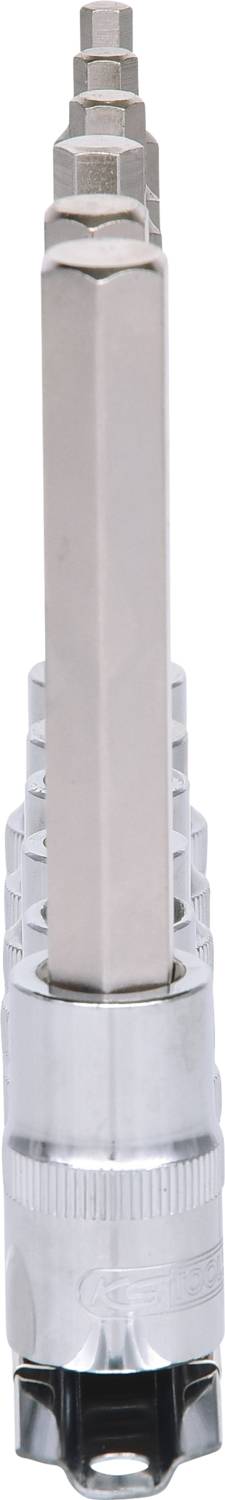 Srebrny, sześciokątny klucz nasadowy z wieloma stopniowanymi krawędziami, ułożonymi pionowo.