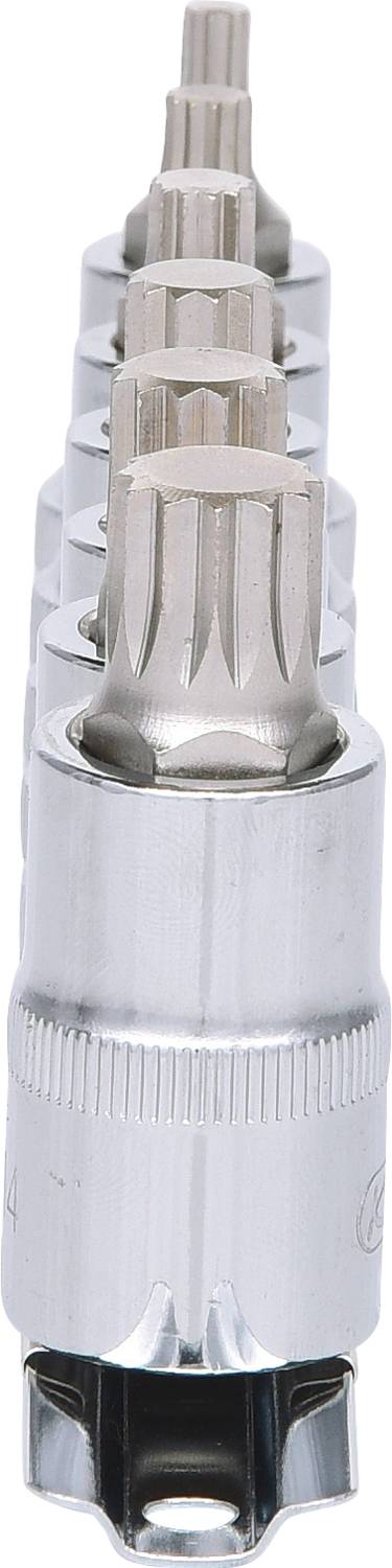 Zestaw srebrnych grotów wkrętakowych ułożonych w pionowym rzędzie, o stopniowo zwiększającym się rozmiarze od przodu do tyłu.