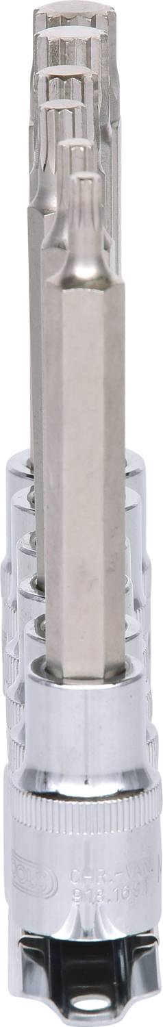 Podwójna końcówka wkrętakowa z chromowanego wykonania, z wysuniętym, wąskim trzpieniem i żłobkowanym uchwytem dla lepszej przyczepności.