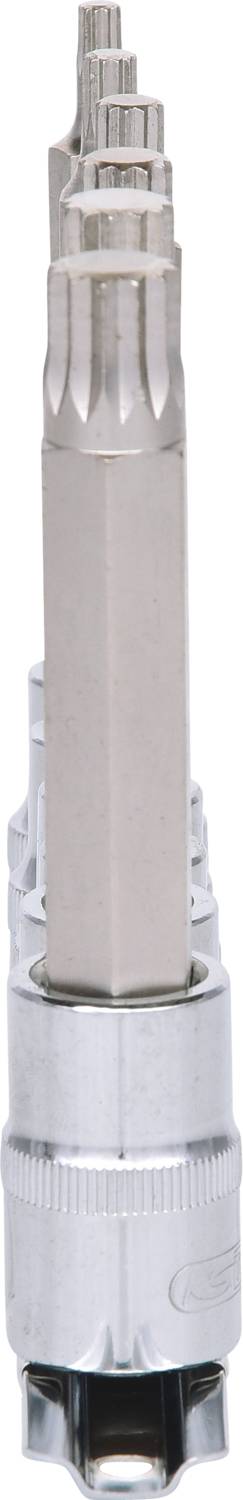 Srebrny, sześciokątny uchwyt śrubokręta z wieloma zdejmowanymi grotami w różnych rozmiarach ułożonymi pionowo.