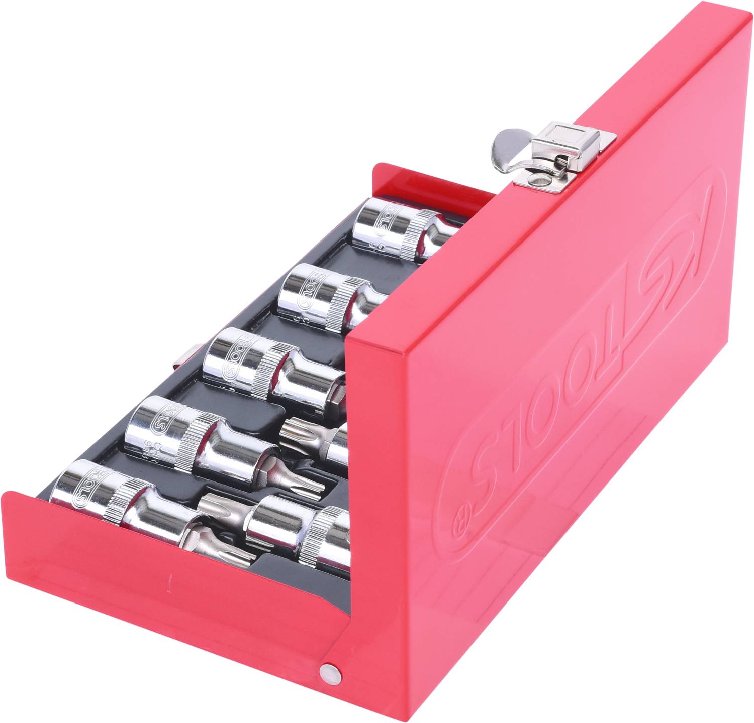 Czerwone metalowe pudełko z otwartą pokrywą, zawierające dziewięć srebrnych kluczy nasadowych o różnych rozmiarach.