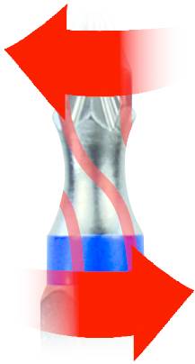 Śrubka z podwójnymi czerwonymi strzałkami przedstawiającymi przeciwny kierunek obrotu. Srebrny metalowy czubek z niebieskim pierścieniem.