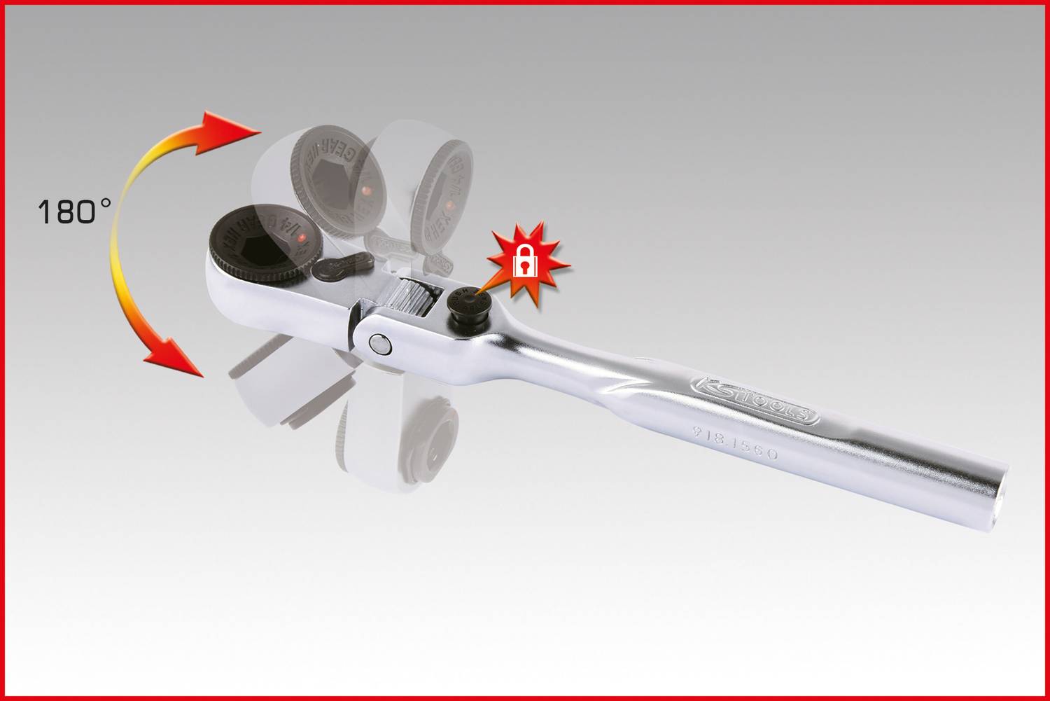 Grzechotka z obrotową głowicą, która obraca się o 180°. Symbol zamka wskazuje na funkcję blokowania.