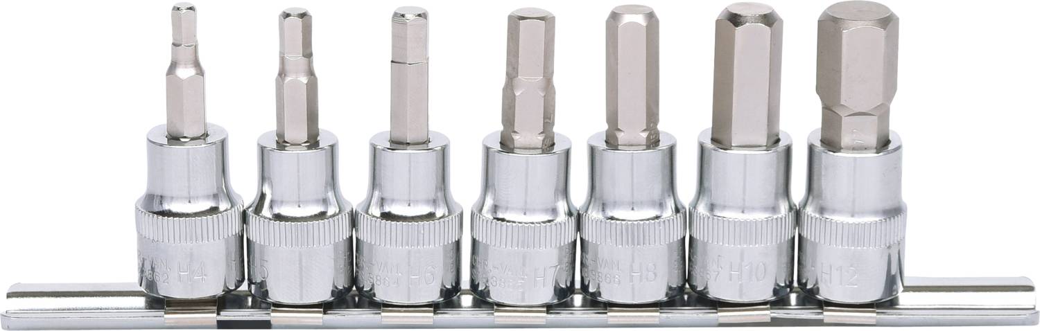 Zestaw siedmiu nasadek klucza imbusowego w różnych rozmiarach, ułożonych na uchwycie do zorganizowanego przechowywania.