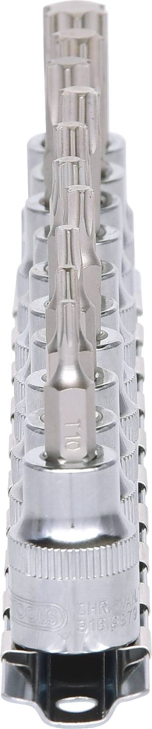 Zestaw grotów Torx w srebrnym uchwycie, ustawionych pionowo, przydatnych do użycia ze śrubokrętami lub wiertarkami.