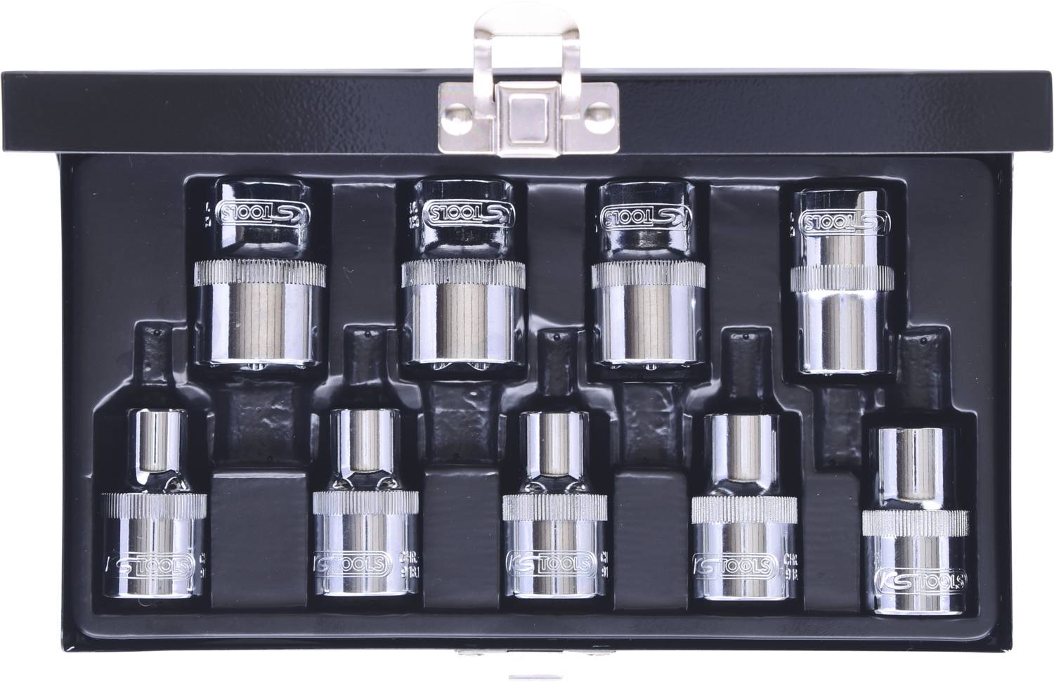 Zestaw dziesięciu srebrnych kluczy trzpieniowych, starannie ułożonych w czarnym pudełku.