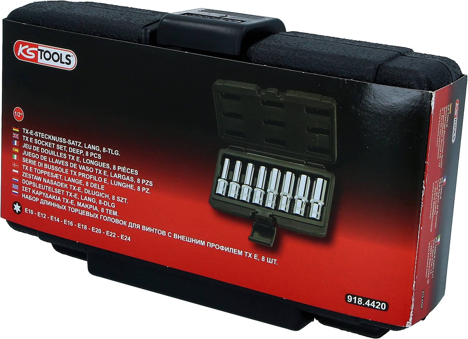 Zestaw nasadek KS Tools TX-E składający się z 8 elementów, przedstawiony w otwartej czarnej skrzynce. Zawiera różne rodzaje nasadek.